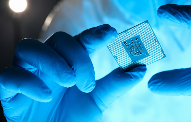 Gloved hand holding a semiconductor microchip