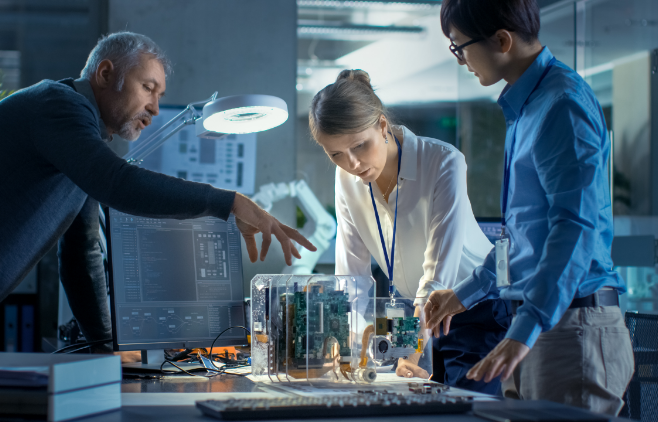 Three people in front of a computer discussing a tech part